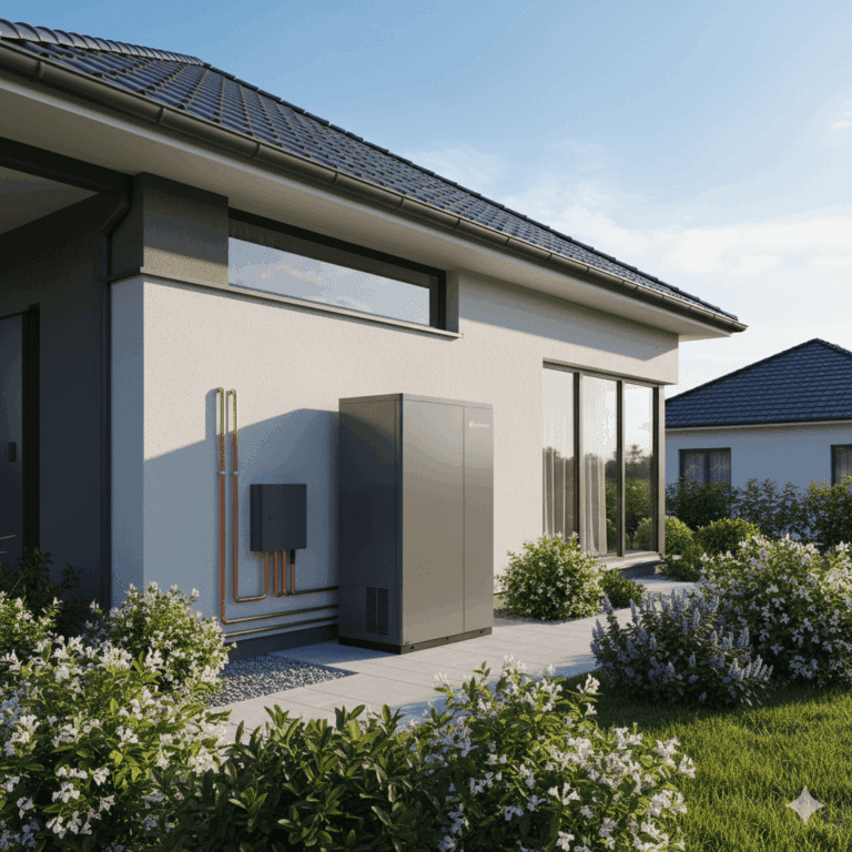 installierte Wärmepumpe an Neubau