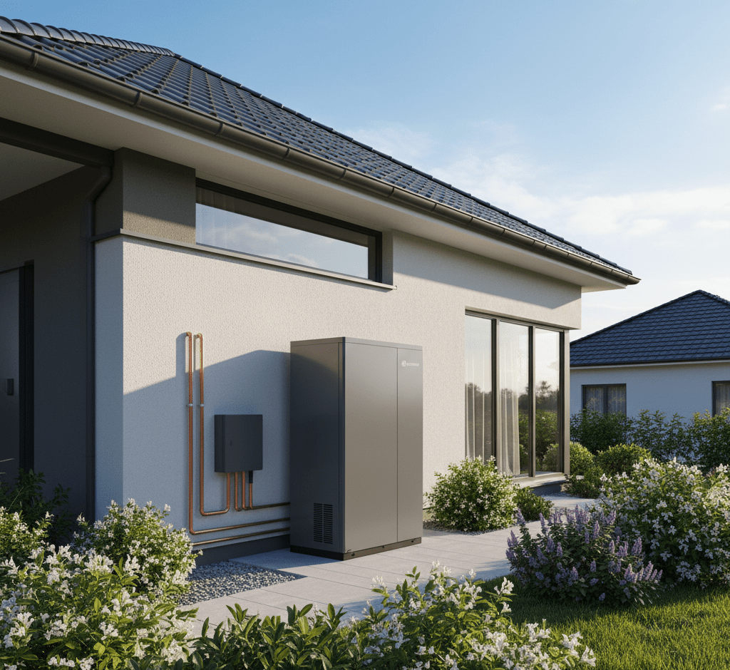 installierte Wärmepumpe an Neubau