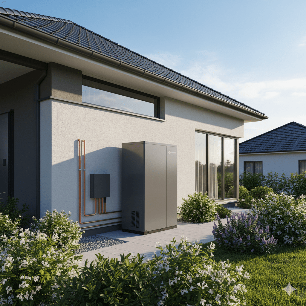 Wärmepumpe 2025: Kosten, Funktion, Vergleich & Förderung – alle Infos 1 installierte Wärmepumpe an Neubau