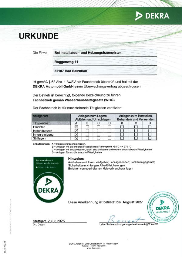 Urkunde Fachbetrieb gemäß Wasserhaushaltsgesetz (WHG)